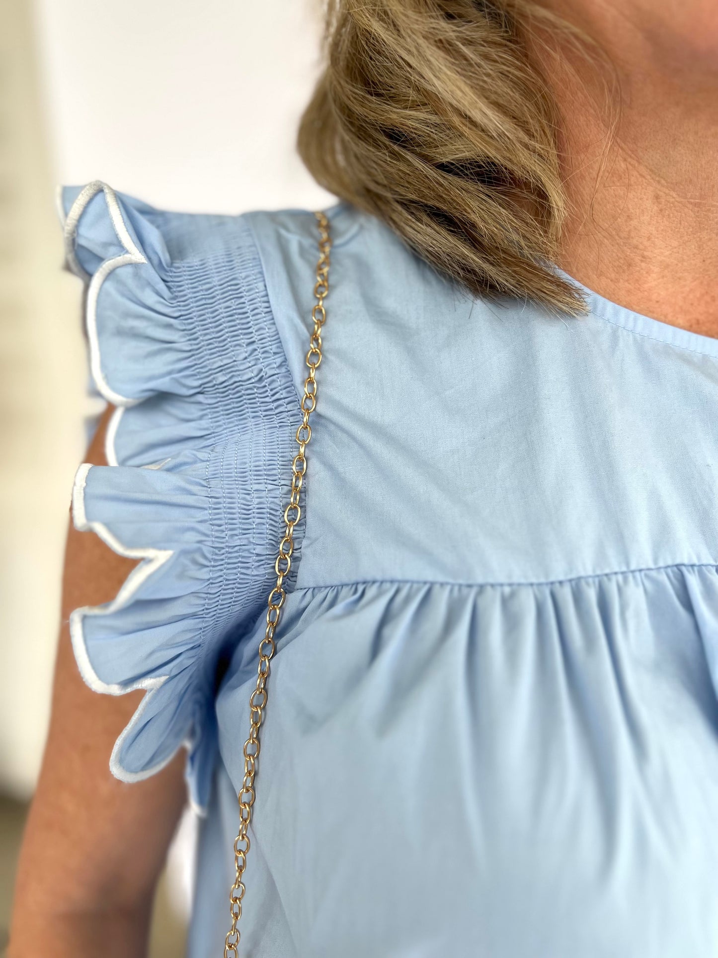 Blue Seas Scalloped Flutter Sleeve Blouse