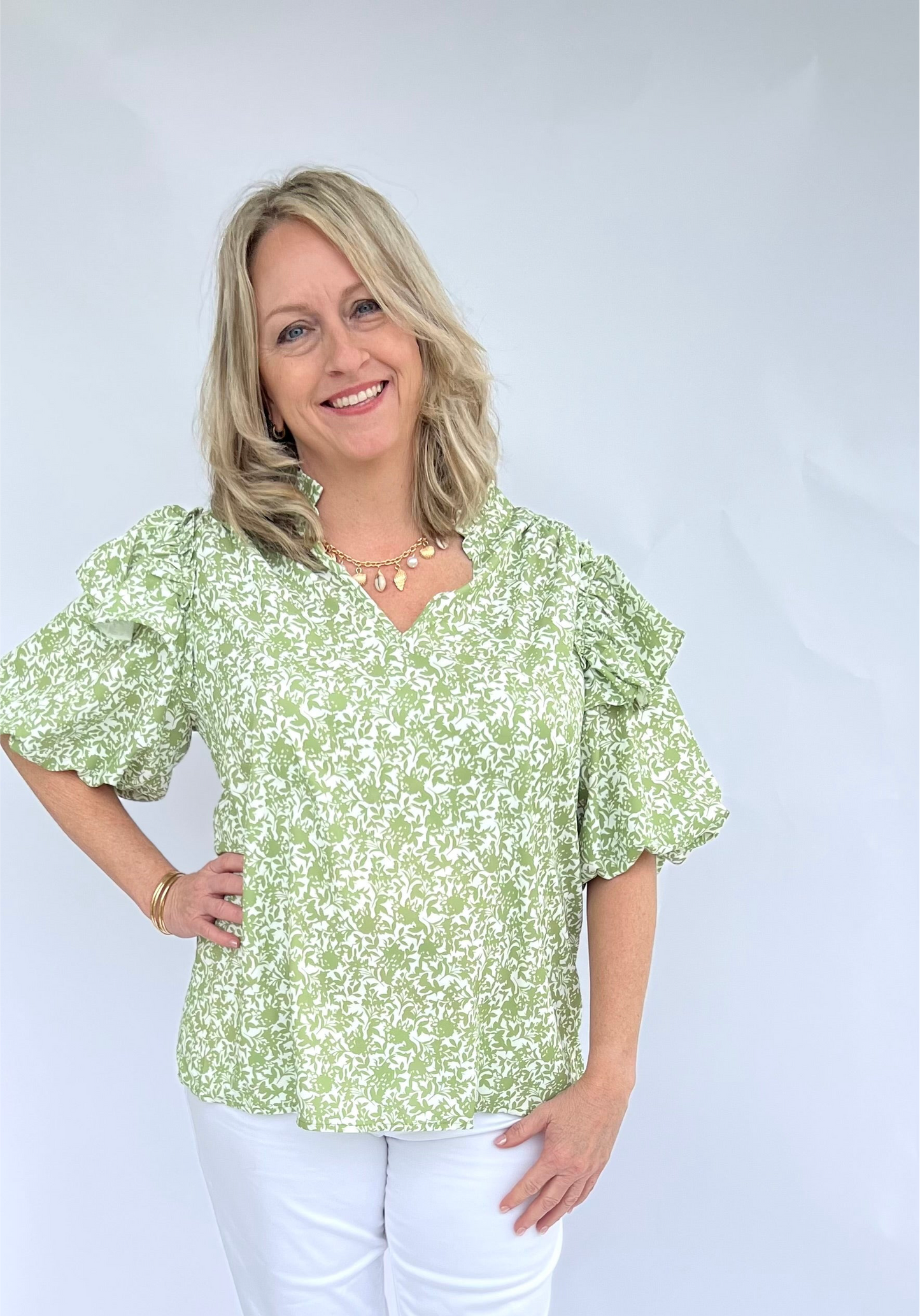 Spring Greens Ruffle Puff Sleeve Blouse