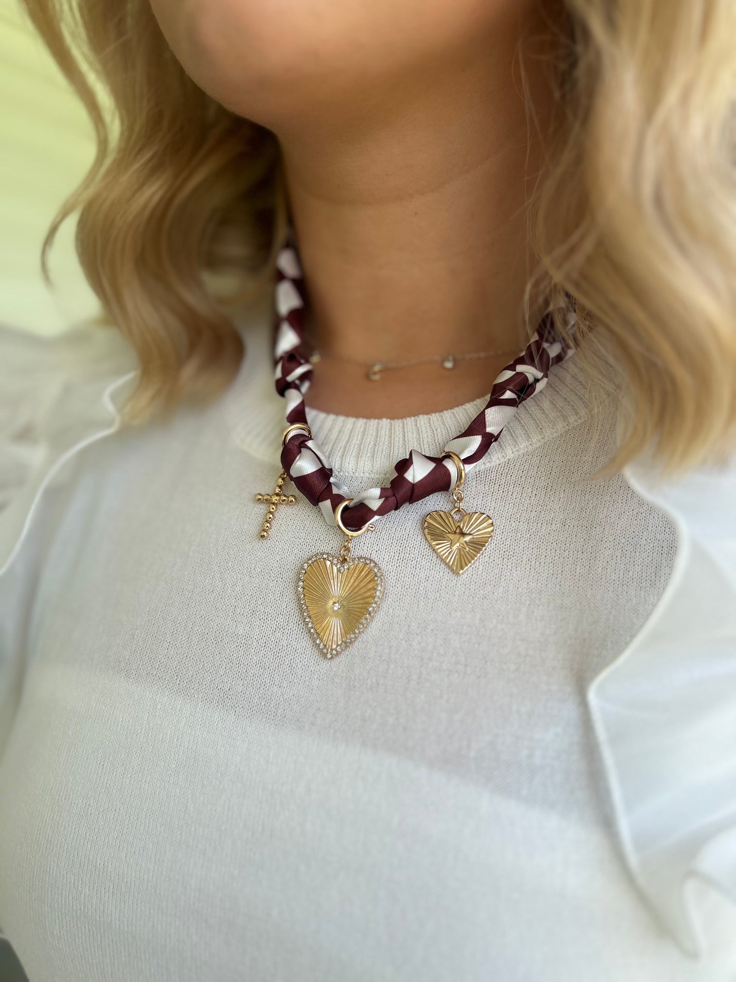 Maroon checkered scarf necklace