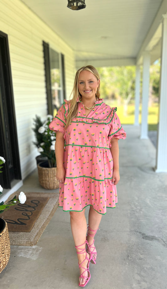 Plus Ditsy In Pink Puff Sleeve Dress