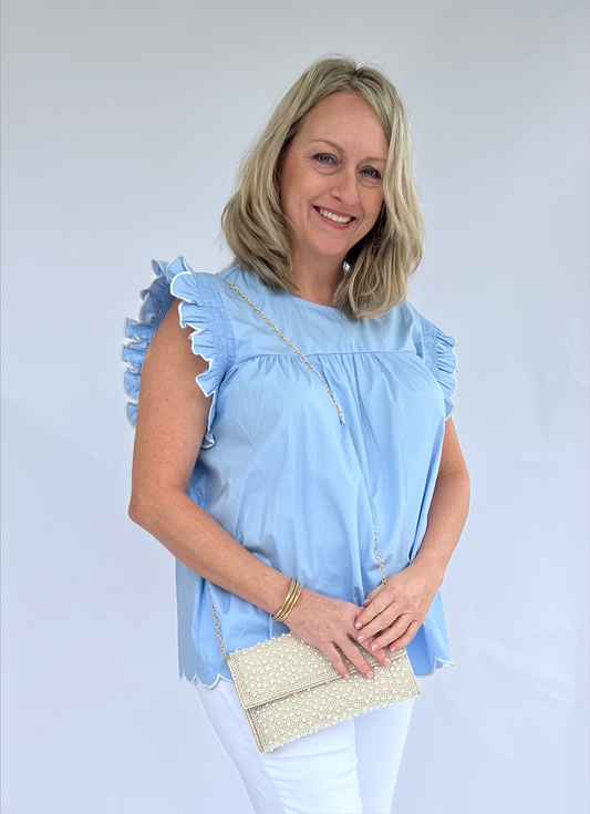 Blue Seas Scalloped Flutter Sleeve Blouse