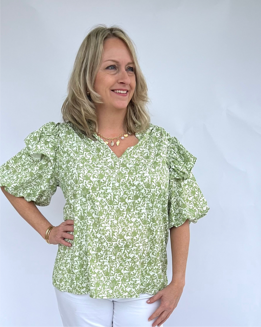 Spring Greens Ruffle Puff Sleeve Blouse
