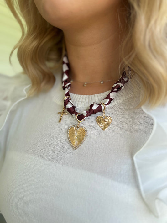 Maroon checkered scarf necklace