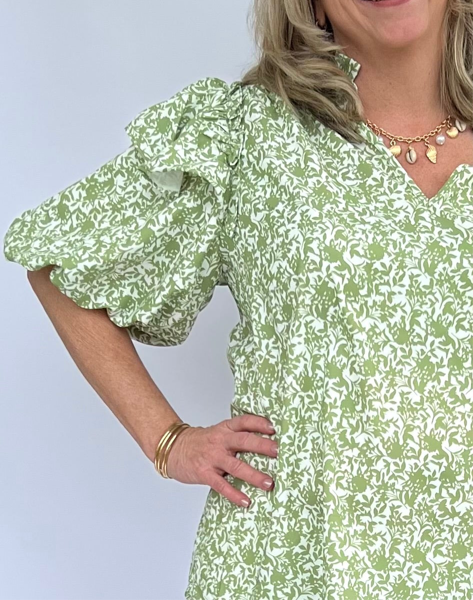 Spring Greens Ruffle Puff Sleeve Blouse