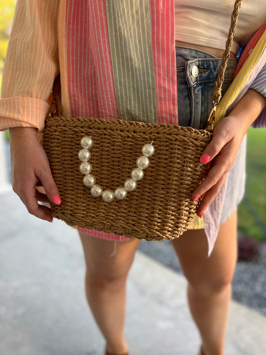 Pearl Handle Straw Bag